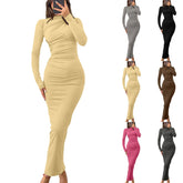 Women Bodycon Maxi Dresses Fall New Long Sleeve Sexy Ruched Neck Slim Fit Cocktail Party Dress Elegant Gentle Temperament Dress
